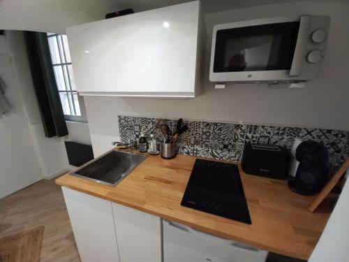 une cuisine avec un comptoir avec un évier et un micro-ondes dans l'établissement La Lanterne, à Toulouse