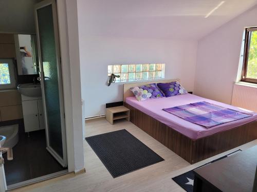 een kleine slaapkamer met een bed en een badkamer bij TEI House in Năvodari