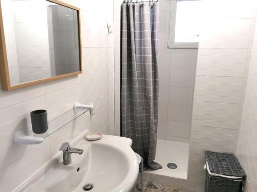 La salle de bains est pourvue d'un lavabo et d'une douche. dans l'établissement La Salicorne, à Brem-sur-Mer