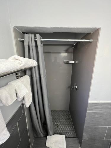 a bathroom with a shower with a shower curtain at Bishop Elms Motel in Bishop