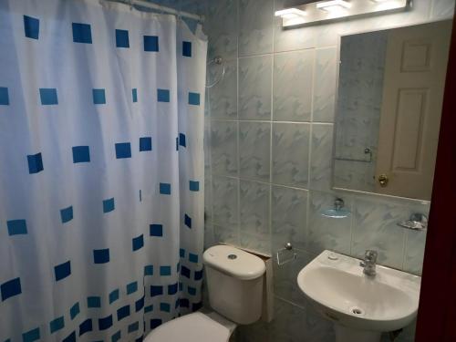 a bathroom with a toilet and a sink and a mirror at Cabañas Sol Atacama - Caldera in Caldera