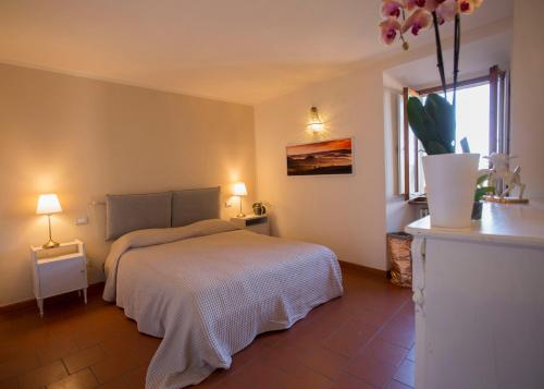 1 dormitorio con cama y ventana en Suite Le Palme con terrazze in centro, en San Gimignano