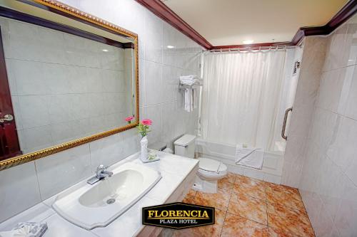 ein Badezimmer mit einem Waschbecken, einem WC und einem Spiegel in der Unterkunft FLORENCIA PLAZA HOTEL in Tegucigalpa
