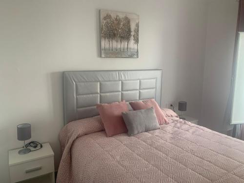 una camera da letto con un letto con cuscini rosa e grigi di El Balcón de la Roca a Setenil
