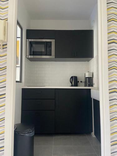une cuisine avec des armoires noires et un four micro-ondes dans l'établissement Studio cosy Nice, à Nice