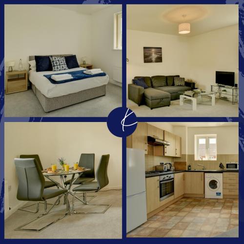 eine Collage mit Fotos von einem Wohnzimmer und einer Küche in der Unterkunft K Suites - Teeswater - FREE PARKING in Bridgwater