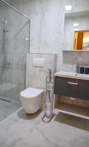 a bathroom with a toilet and a sink and a shower at Allure Apartments in Ulcinj