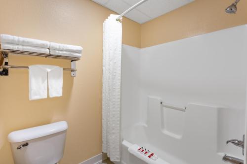 a bathroom with a toilet and a shower at Super 8 by Wyndham Iowa Falls in Iowa Falls