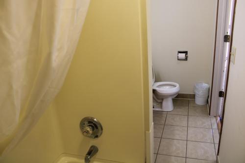 a bathroom with a toilet and a yellow shower door at Lockview Motel in Sault Ste. Marie