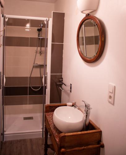 une salle de bain avec un lavabo et une douche avec un miroir dans l'établissement Une Suite au jardin, à Hyenville