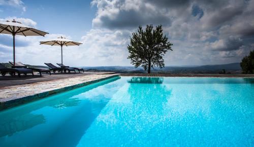 a swimming pool with chairs and umbrellas and a tree at Castello La Leccia in Castellina in Chianti