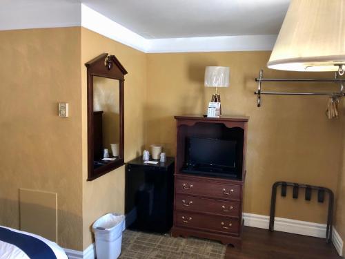 a bedroom with a tv and a dresser with a mirror at Lockview Motel in Sault Ste. Marie