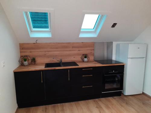 a kitchen with black cabinets and a sink and two windows at Luxury suites maladiere 1 in Dijon