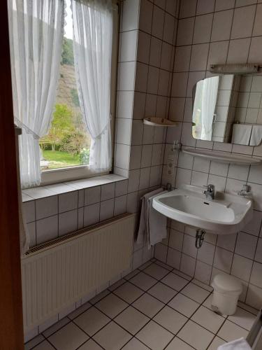 a bathroom with a sink and a mirror and a window at Wein- und Gästehaus Hermes-Hoffmann in Trittenheim