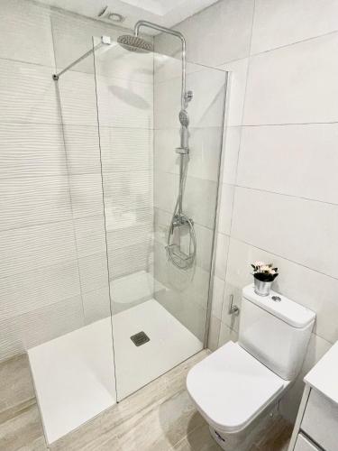 a white bathroom with a shower and a toilet at ISLAND SUITES in Arona