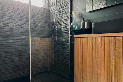 a shower with a glass door in a bathroom at APPT LANTON PLAGE - PORT 6 Voyageurs in Lanton