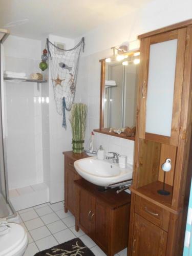 uma casa de banho com um lavatório e um WC em 1 Raum Apartment "Das Boot" am Neuensiener See inklusive 2 Räder em Seedorf