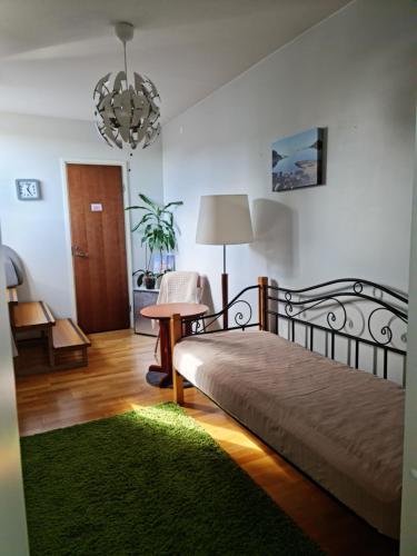 a bedroom with a bed and a green rug at Terrace Apartments at Kirkkokatu in Savonlinna