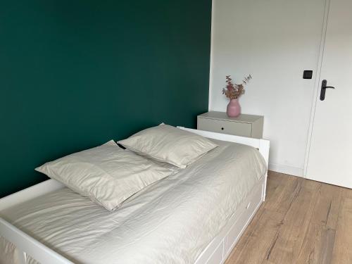 a bedroom with a green wall and a white bed at APPT LANTON PLAGE - PORT 6 Voyageurs in Lanton