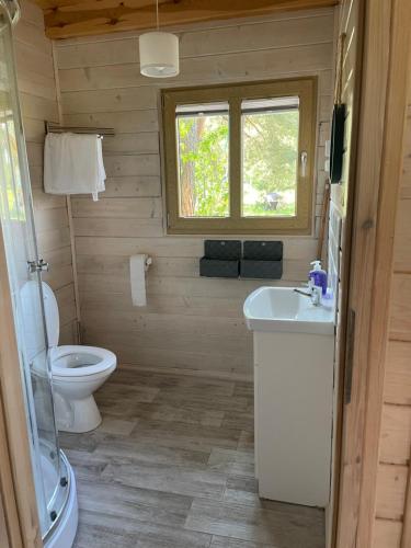 a small bathroom with a toilet and a sink at Camping Szczecinek Domy Wypoczynkowe in Szczecinek