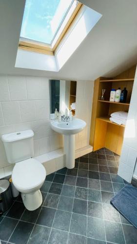 a bathroom with a white toilet and a sink at Modern City Centre House in Galway
