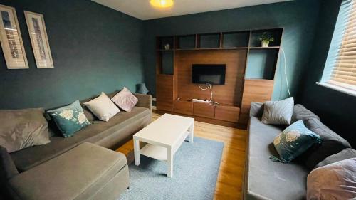 a living room with a couch and a table at Modern City Centre House in Galway