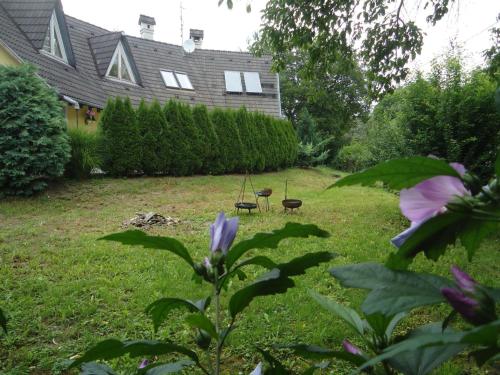 a yard with a house and a garden with purple flowers at Totális Harmónia Villa in Miskolctapolca