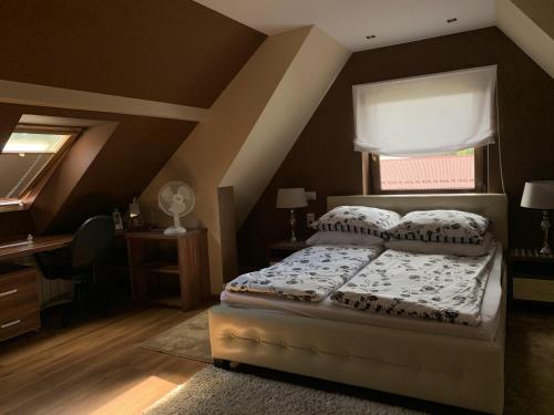 um quarto com uma cama e uma janela em Apartament Podczerwone em Czarny Dunajec