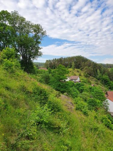 a grassy hill with a house on top of it at Haus Goldfuß in Pottenstein