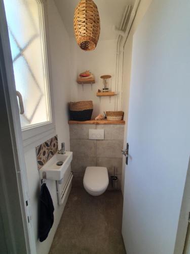 La petite salle de bains est pourvue de toilettes et d'un lavabo. dans l'établissement Maison Zen proche circuit, au Mans