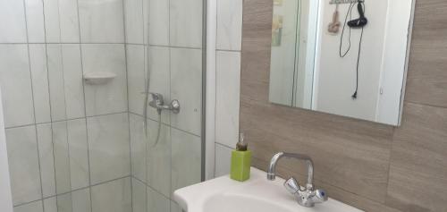 マコーにあるRózsa Apartmanのバスルーム(シャワー、シンク、鏡付)