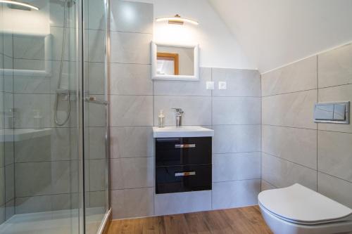 a bathroom with a shower and a toilet and a sink at Pensjonat Basia in Dziwnówek