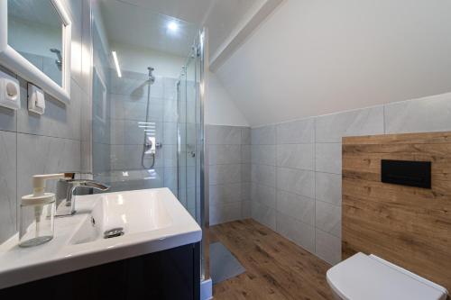 a bathroom with a sink and a shower and a toilet at Pensjonat Basia in Dziwnówek