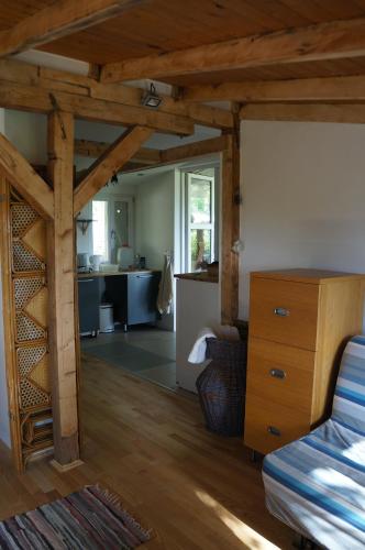 ein Wohnzimmer und eine Küche mit Holzdecke in der Unterkunft Badacsony Vendégház in Badacsonytördemic