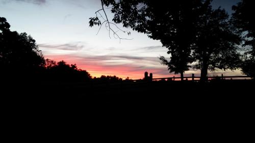 a silhouette of a person in a field at sunset at Benjamin Prescott Inn in Jaffrey
