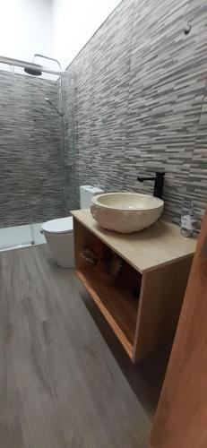 a bathroom with a large sink and a toilet at Casa de Santa Luzia in Vila Praia de Âncora