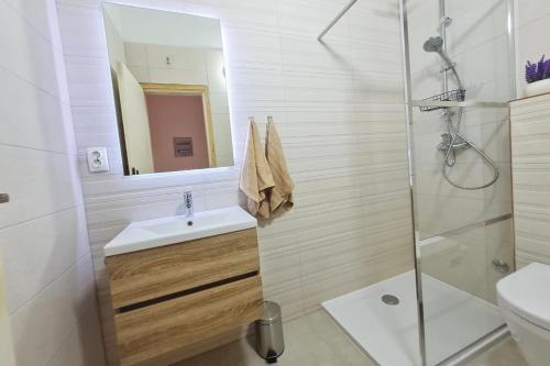 a bathroom with a sink and a shower with a mirror at Apartments Kraljevic in Podaca