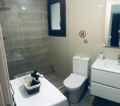 łazienka z toaletą i umywalką w obiekcie Chelidoni apartment ground floor w Heraklionie
