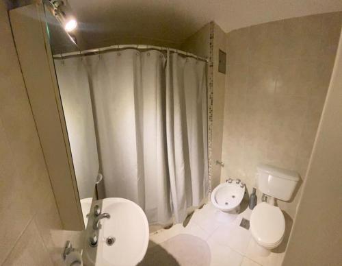a bathroom with a toilet and a sink and a shower at Excelente depto sobre Bv Galvez in Santa Fe