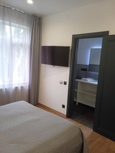 a bedroom with a bed and a mirror and a sink at Riverside in Slavske