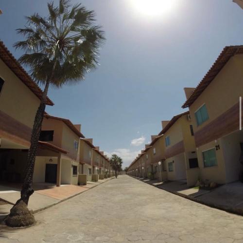 una palmera en medio de una calle en Casa em Condomínio agradável com fundo pro rio, en Barreirinhas