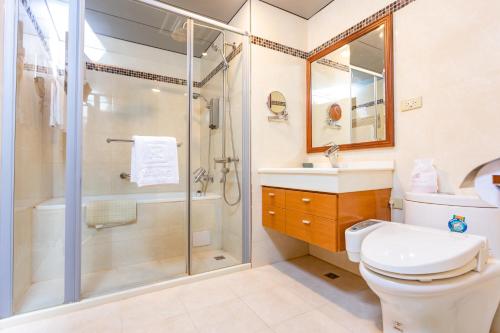 馬公市的住宿－雅霖大飯店，带淋浴、卫生间和盥洗盆的浴室
