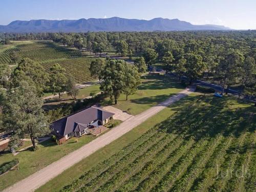 an aerial view of a farm with trees and a road at 27 Rows on Hermitage in Pokolbin