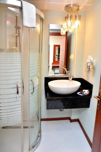 a bathroom with a sink and a glass shower at Business Grand Hotel in Ankara