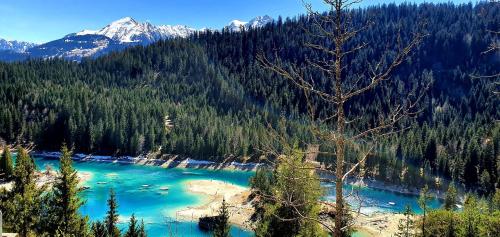 a view of a blue river in the mountains at Ferienwohnung 3,5 Zimmer direkt an Ski- und Bikepiste in Flims