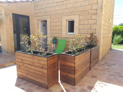 Deux planteurs avec des plantes sur un patio dans l'établissement Mazet des lavandes, à Saint-Quentin-la-Poterie