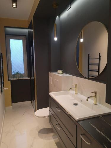 a bathroom with a sink and a toilet and a mirror at Tabago Studio 1 Opole, Kośnego in Opole