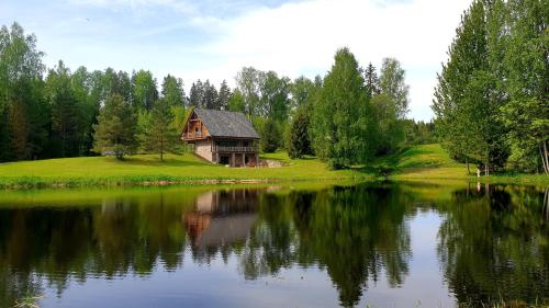 una baita di tronchi situata accanto a un grande lago di Villa Murmuļmuiža a Zāģeri