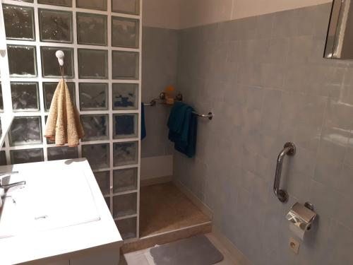 une salle de bain avec une douche et un lavabo et une douche dans l'établissement SPACIEUX STUDIO 37m2 - Terrasse VUE MER, à Cannes