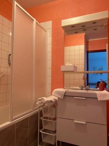 une salle de bain avec douche et lavabo dans l'établissement Studio avec parking privé au cœur du Tréport, au Tréport